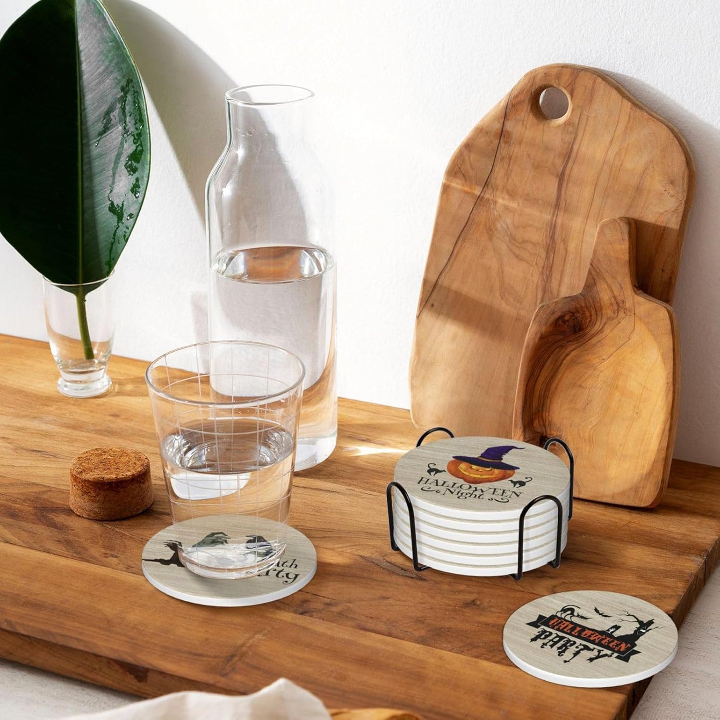 Halloween Coaster for Drinks Set of 6 with Metal Holder and Cork Base Ceramic Drink Coasters Absorbent Cup Mat Non-Slip for Home Kitchen Office Table Decor, 4 Inch