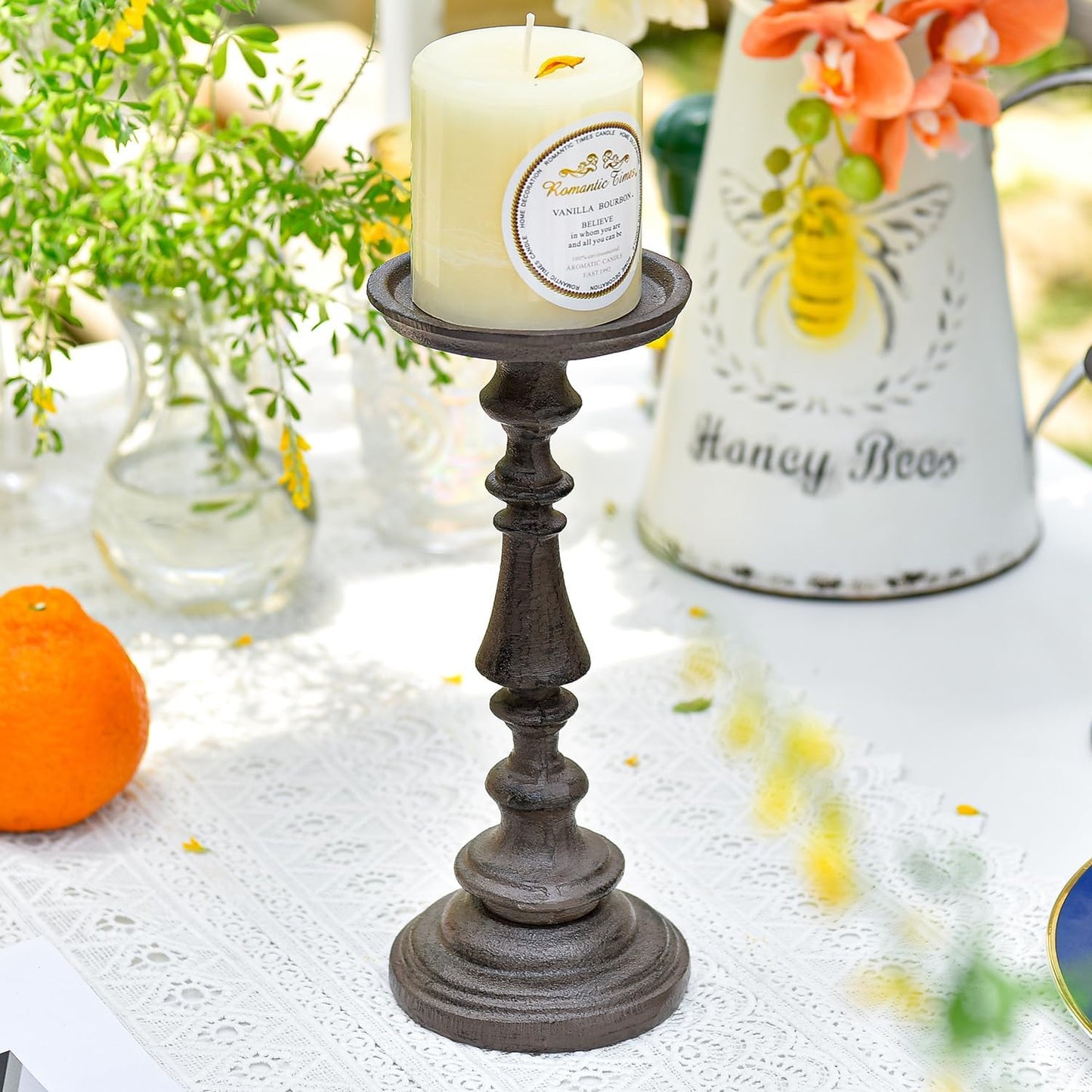 Sungmor Rustic Cast Iron Pillar Candle Holder, 9.6" Tall Vintage Candlestick Holders, Table Centerpiece Metal Candle Holder, Farmhouse Candle Stand for Fireplace Shelf Home Decor