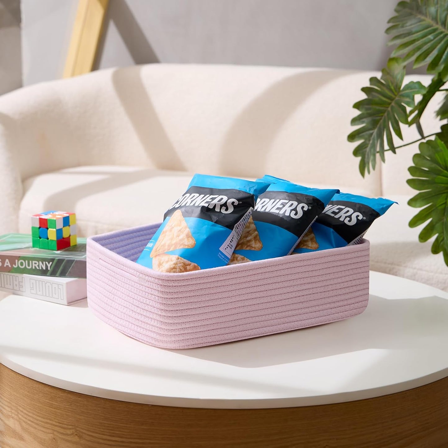 Large Shallow Organizing Baskets 15x11x5.1 Inches - Rope Woven Storage Bins for Bathroom, Shelves, Cube Closet, Light Pink 2 Packs