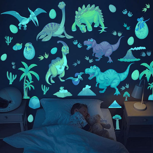 Glow in The Dark Wall Decals - Colorful Large Removable Self-Adhesive Dinosaur Decal for Ceiling, Boys Bedroom, Kids Baby Nursery, Living Room Decoration