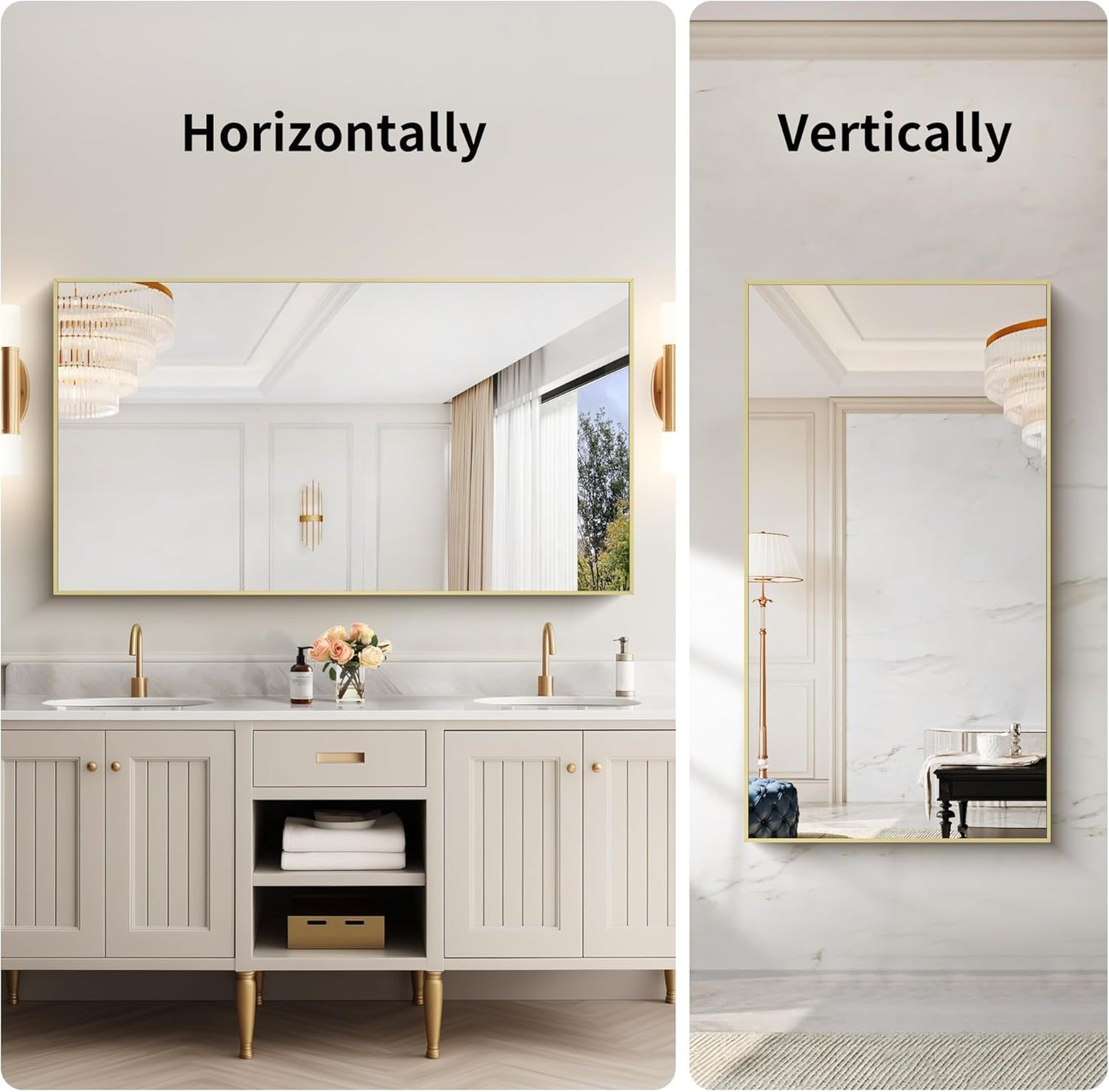 30x55In Gold Bathroom Mirror for Wall, Brushed Gold Rectangle Mirrors with Metal Frame, Bathroom Rectangular Mirror Modern Wall Mirror for Bedroom Living Room, Hangs Horizontal or Vertical