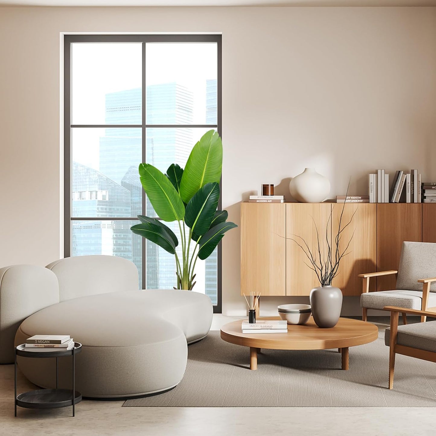 Artificial Bird of Paradise Plant 4Ft Fake Tropical Palm Tree with 8Trunks Faux Banana Leaf Trees in Pot for Home Indoor Outdoor Office Modern Decor Housewarming Gift（1Pcs）