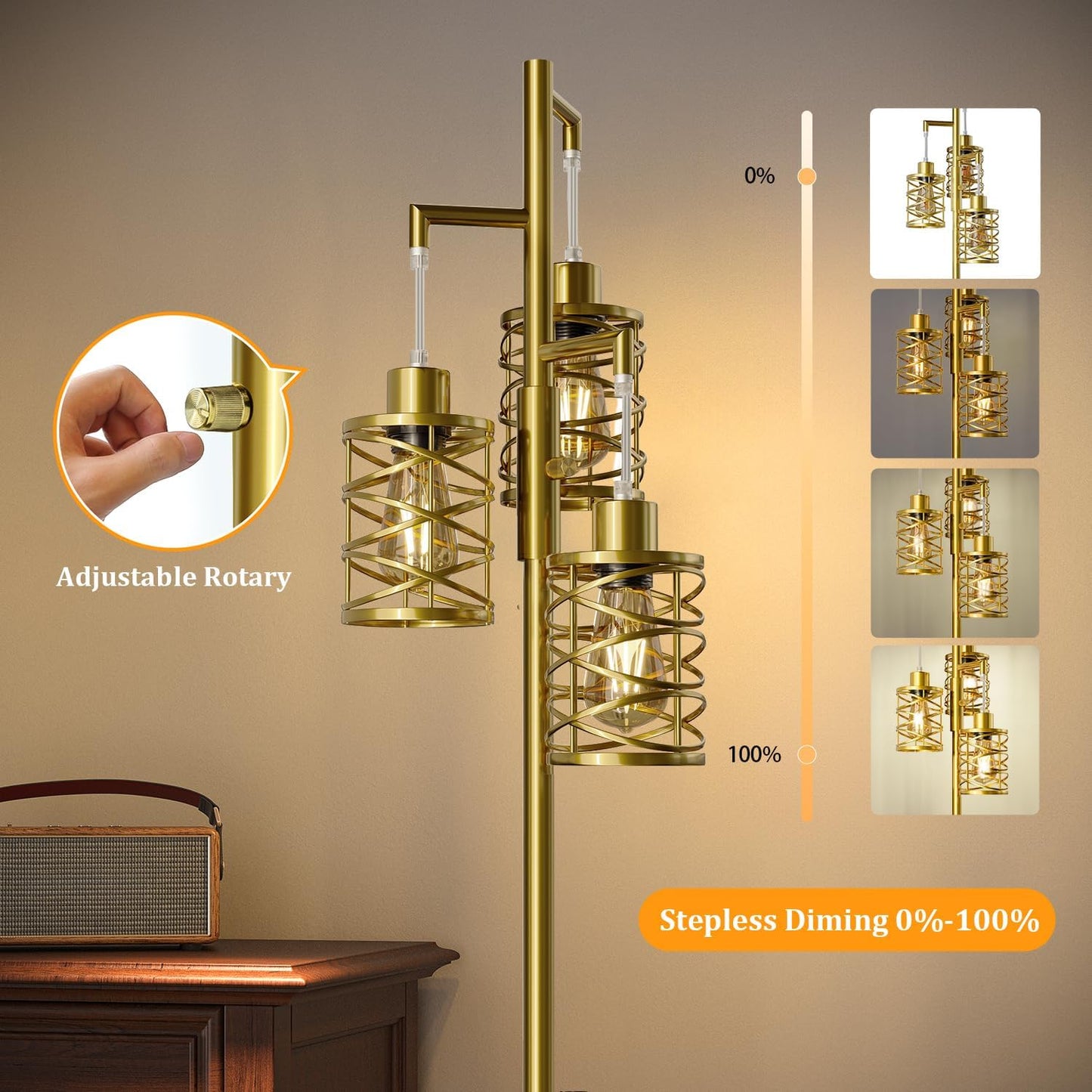 Oneach 70" Industrial Floor Lamp, Stepless Dimmable Standing Lamp with 3 Bulbs, Farmhouse Corner Standing Tree Lamp for Living Room, Tall Lamps for Bedroom, Office, Study Room, Dining Room, Gold