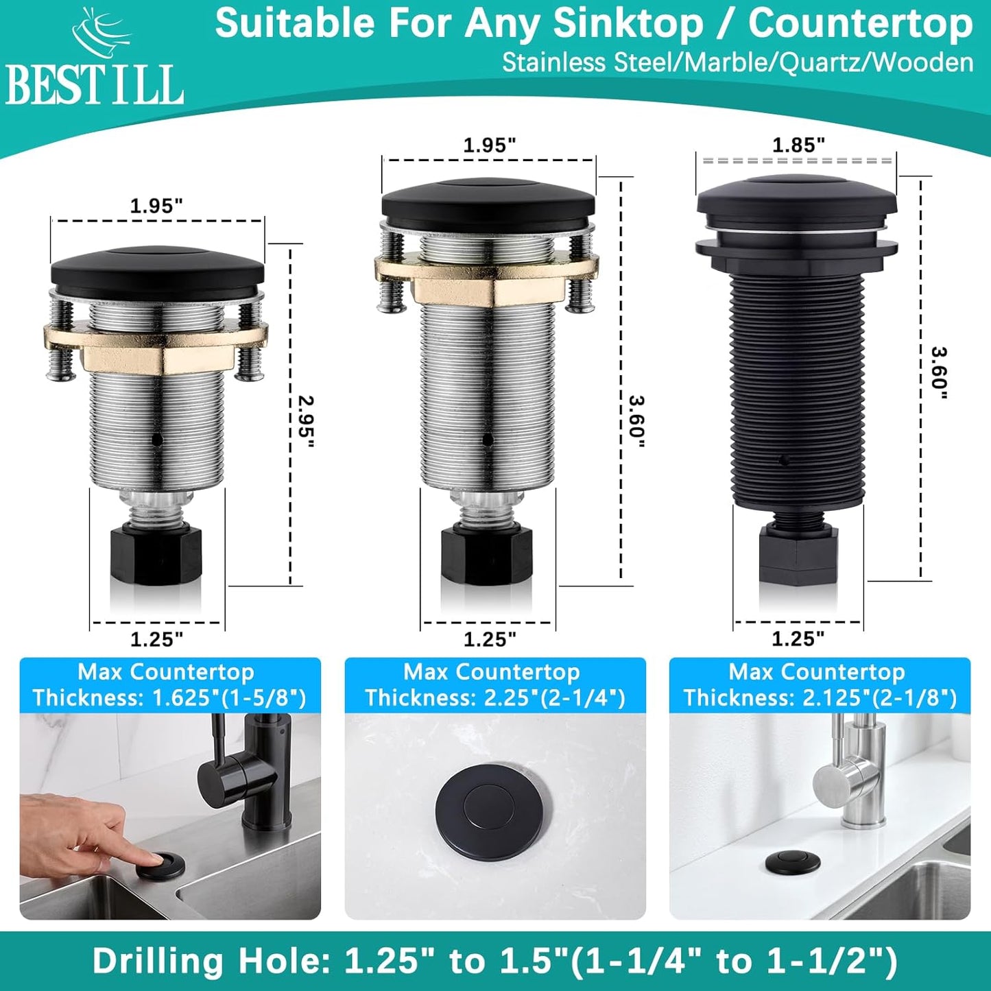 BESTILL Garbage Disposal Sink Top Air Switch Kit with Single Outlet, Matte Black 3.6" Long Push Button with Brass Cover, UL Listed, Compatible with all Garbage Disposals