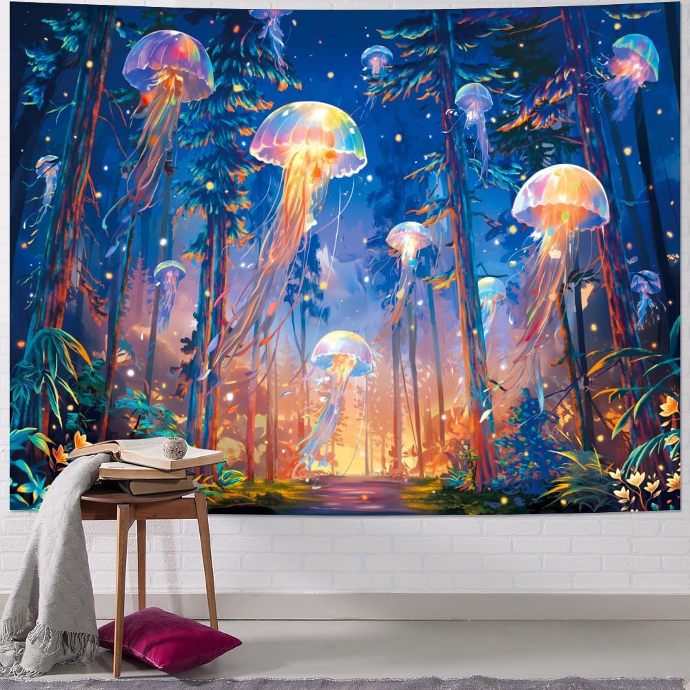 Blacklight Forest Jellyfish Tapestry UV Reactive Nature Tree Tapestry Trippy Fantasy Starry Sky Tapestries Aesthetic Jungle Plants Tapestries Wall Hanging for Bedroom