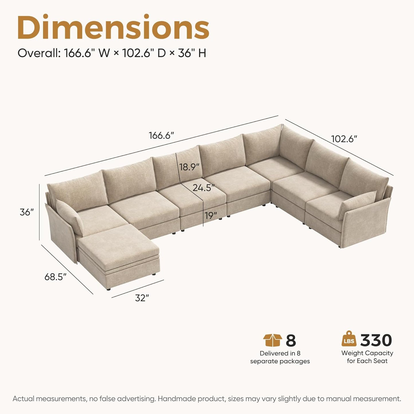 166.6" Oversized Modular Sectional Sofa, U Shaped Convertible Couch with Movable Ottoman, Large 8 Seat Corner Couches for Living Room Deep Seat Beige Chenille
