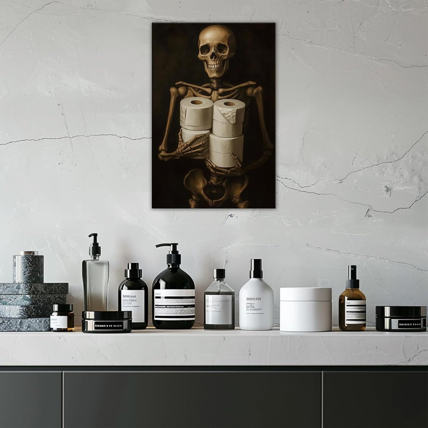 Gothic Skull Wall Art Funny Skeleton with Toilet Paper Canvas Print Vintage Skull Painting Framed Artwork for Living Room Home Halloween Wall Decor(Artwork-8,12"x18")