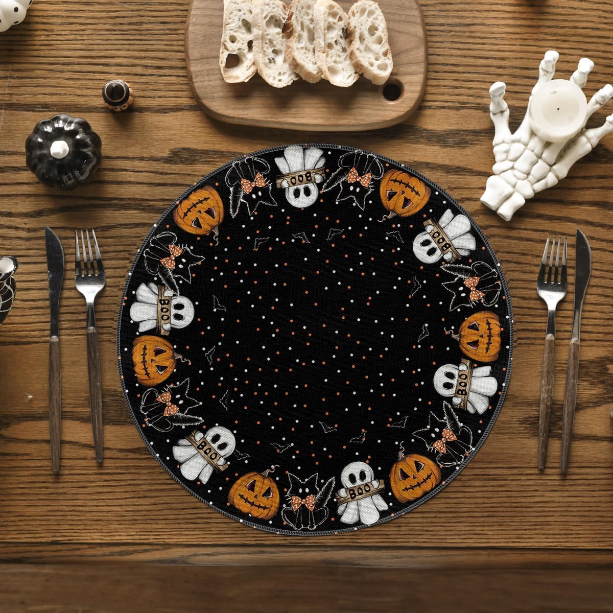 Artoid Mode Ghost Cat Halloween Round Placemats Set of 6, 14 Inch Table Mats for Party Kitchen Dining