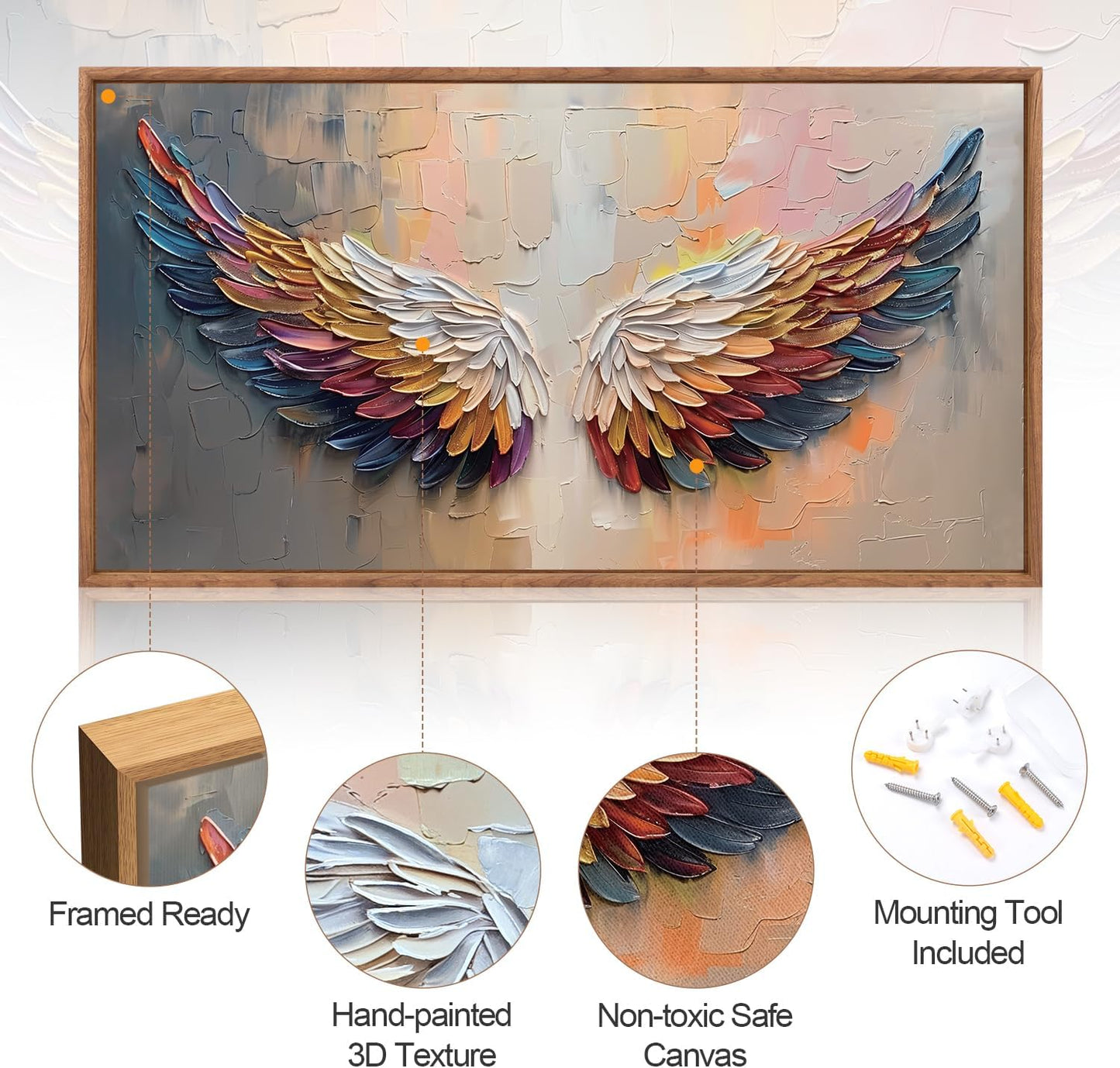 Aurlan Angel Wings Hand Painted Framed Wall Decor(40"x20"), Large Abstract Colorful Feather 3D Textured Oil Painting Canvas Artwork, Modern Contemporary Inspirational Wall Art for Living Room Bedroom