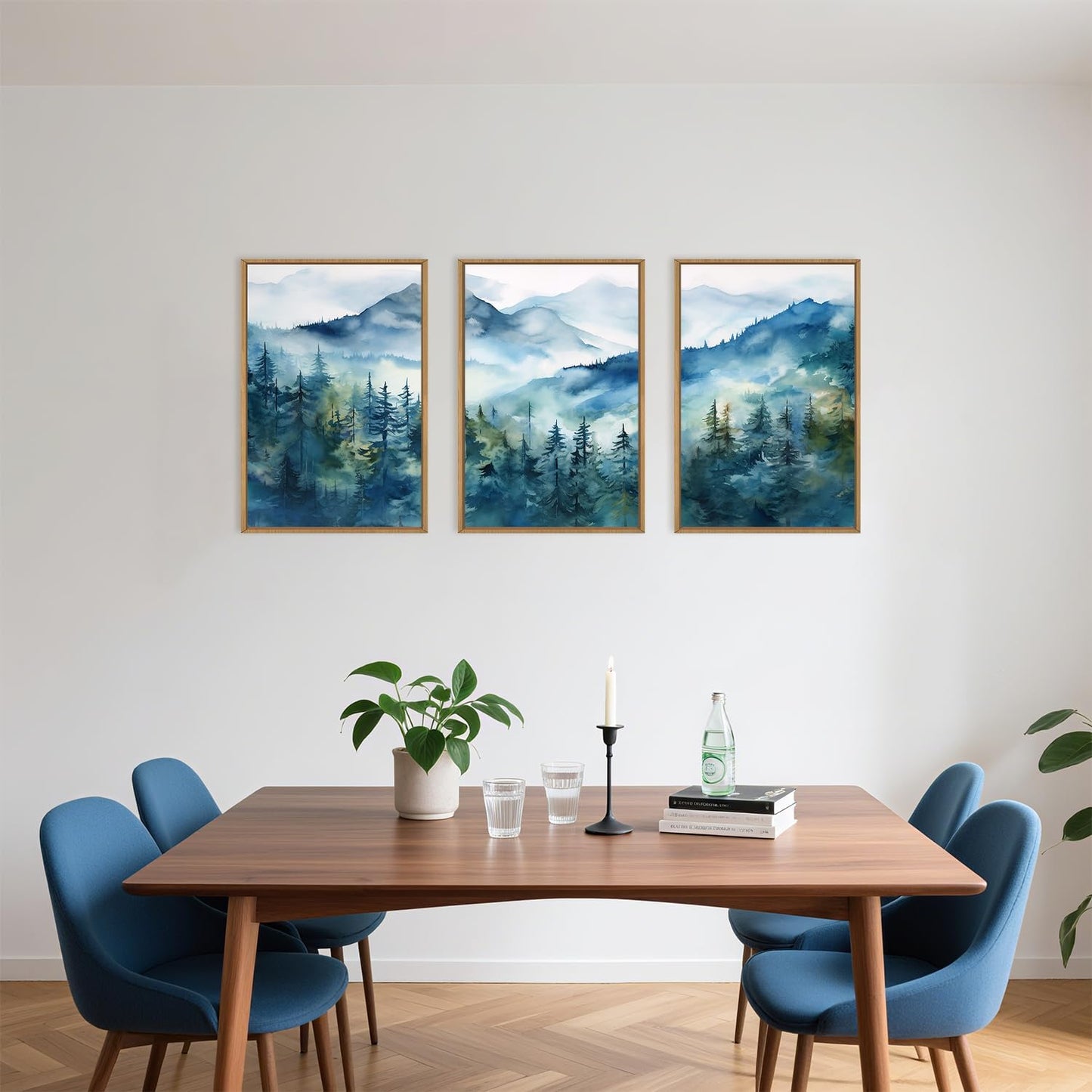 Celestdeco Blue Ridge Mountains Forest Framed Canvas Wall Art Set, Natural Landscape Wall Decor, Green Pine Trees Wall Painting, Woodland Artworks for Living Room, Bedroom, Dining Room - 16"x24"x3