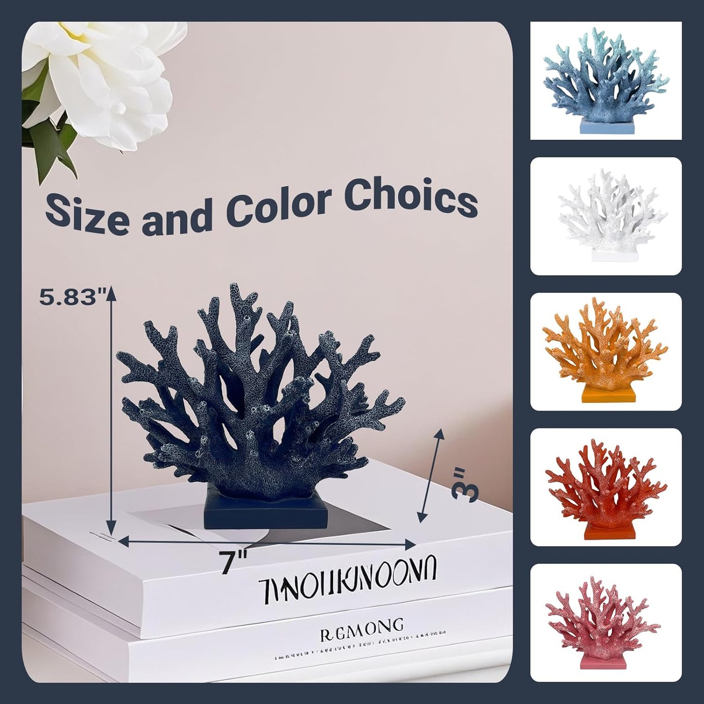 5.8" H Dark Blue Coral Decor - Resin Coral Statue, Nautical Decor for Home, Bedroom, Bathroom, Living Room, Ocean Themed Cabinet Shelf Tabletop Decoration