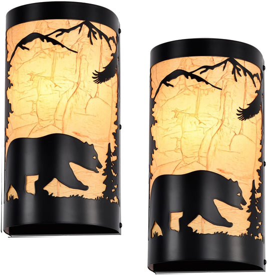 Black Wall Sconces Set of Two,Bear Metal Yellow Parchment Rustic Wall Sconces,Farmhouse Hallway Wall Light Fixtures,Industrial Wall Mount Lamp,Indoor Wall Lamps for Living Room,Bedroom,Porch