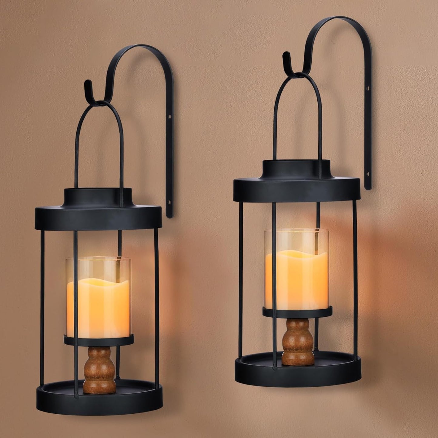 Metal Wall Sconce Candle Lantern Set of 2 - Black Wall Mounted Wood and Metal Hanging Holder with Glass & Candles Vintage Wall Decor for Porch, Living Room, Dining Room, Bedroom Indoor Decor