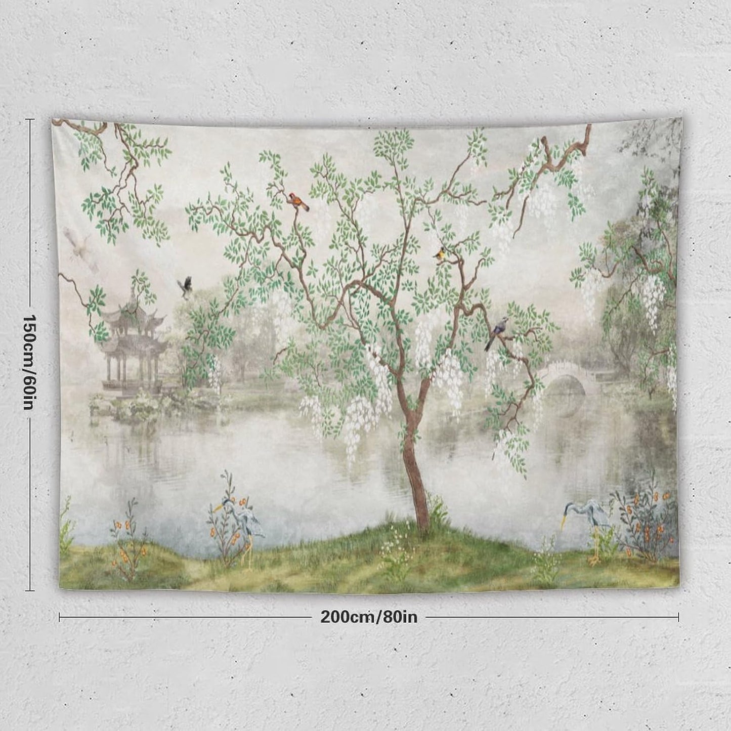 HZOHNAGO Japanese Tapestry Tree Misty Garden Lake Printed Wall Tapestry Ink Painting Wall Hanging for Bedroom Living Room Dorm 80" W x 60" H