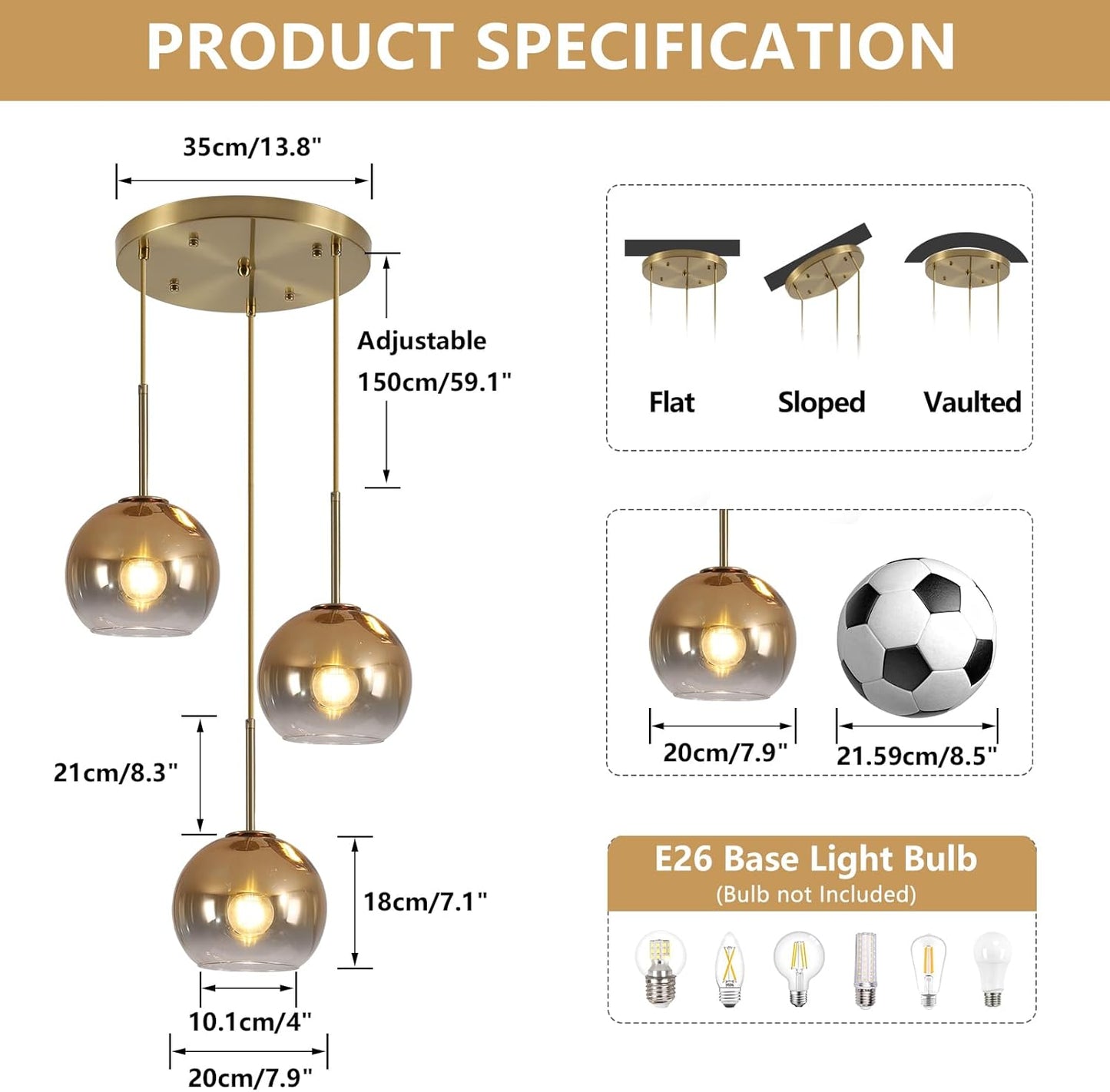 KCO Lighting 3 Light Globe Cluster Pendant Light Modern Glass Cluster Chandelier Gold Glass Pendant Light Fixture Mid Century Dining Room Chandelier Multi Pendant Light Fixture