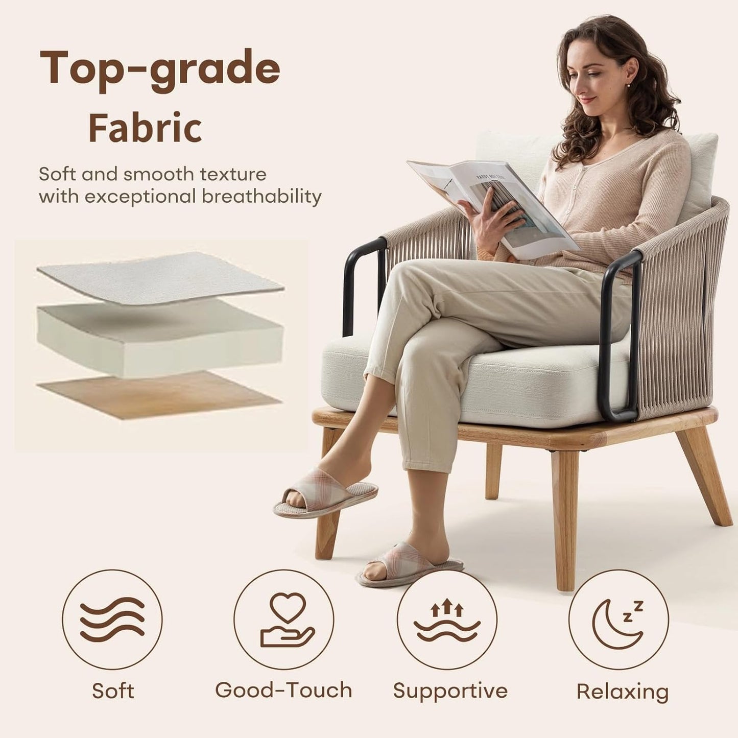 ANJ Accent Chair,Mid-Century Modern Reading Chair with Braid Armrests, Armchair for Living Room Bedroom Outdoor