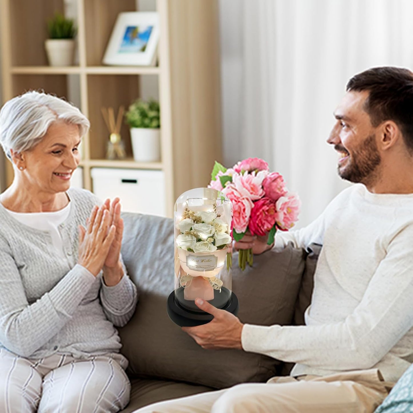 Gift for Her Forever Flower Bouquet for Delivery Prime Preserved White Roses Glass Dome LED Light 100 Languages I LOVE YOU Necklace Mothers Day Birthday Romantic Valentines Gift for Wife Women Mom