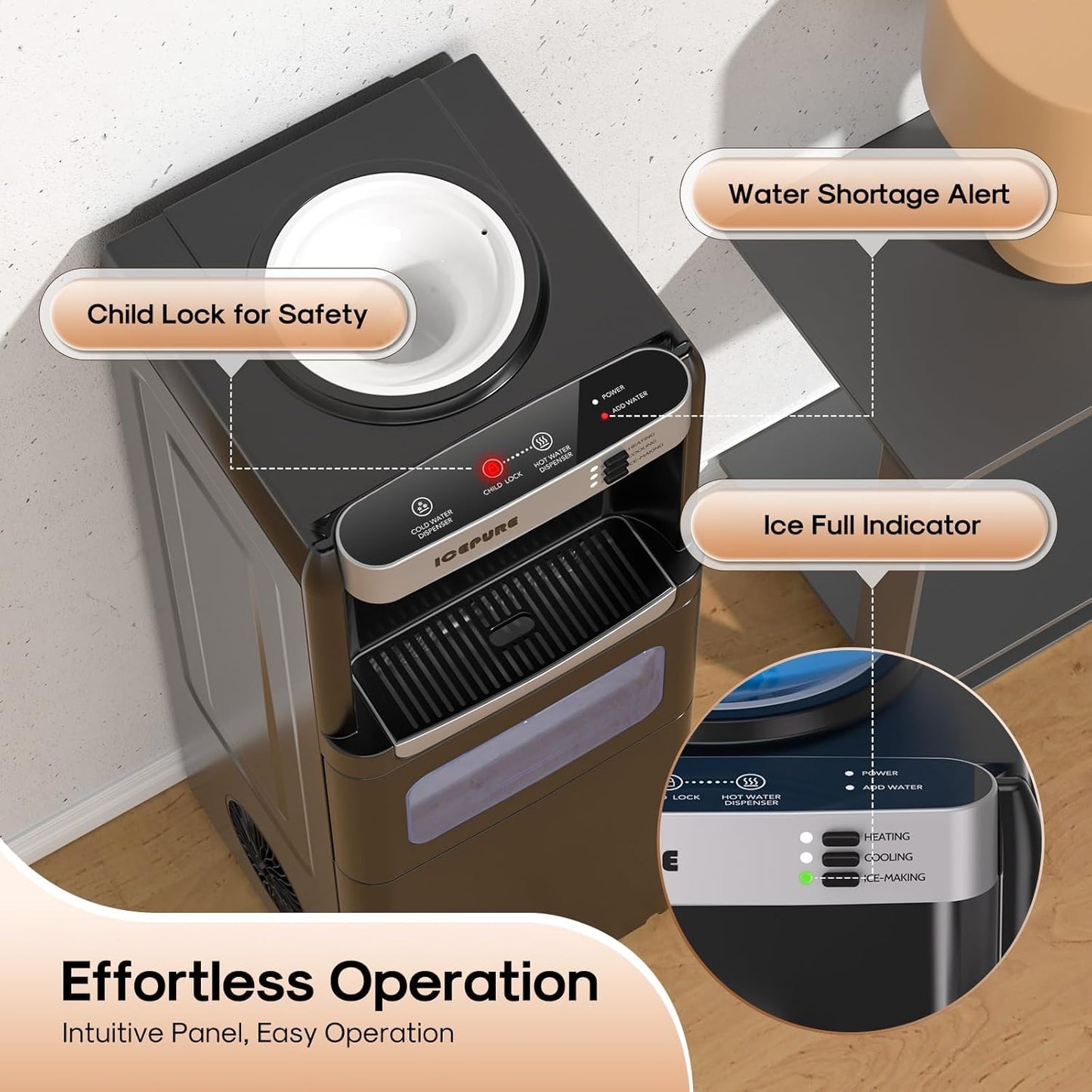 ICEPURE 3-in-1 Water Dispenser with Ice Maker, Water Cooler Dispenser for 5 Gallon Bottle Built-in Bullet Ice Maker Top Loading, Hot and Cold Water Dispenser for Home/Office, 33lbs/24H, Child Lock