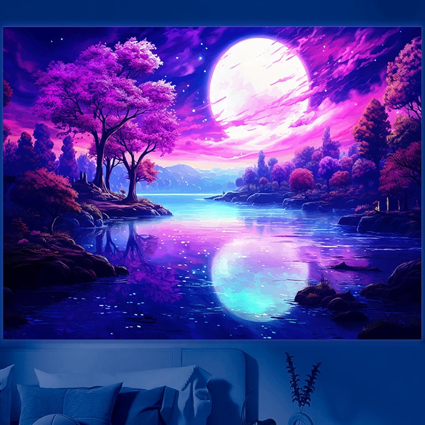 Atrippy Blacklight Pink Tapestry for Bedroom, UV Reactive Mountain Nature Tree Room Decor Wall Tapestries, Moon Landscape Forest Backdrop for Living Room Dorm Office 40" X 60"
