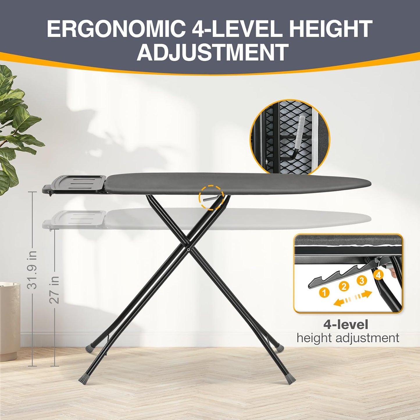 APEXCHASER Ironing Board, Full Szie Iron Board with Iron Rest,Height Adjustable,Extra Thick Heat Resistant Cover with Sleeve Board 15x45 Grey