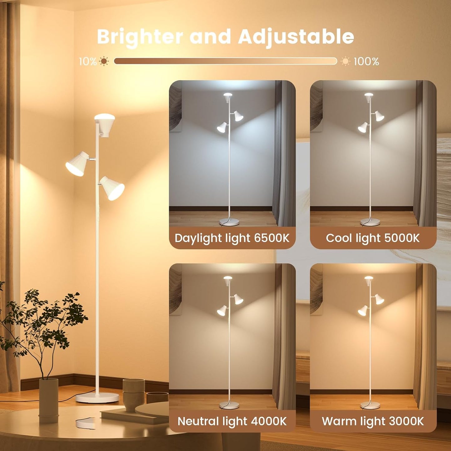 36W LED Tree Floor Lamp, Dimmable Tall Standing Lamp with Remote & Touch Control, 4 Color Temperatures Bright Floor Lamp, 3 Rotatable Light Modern Floor Lamps (White)