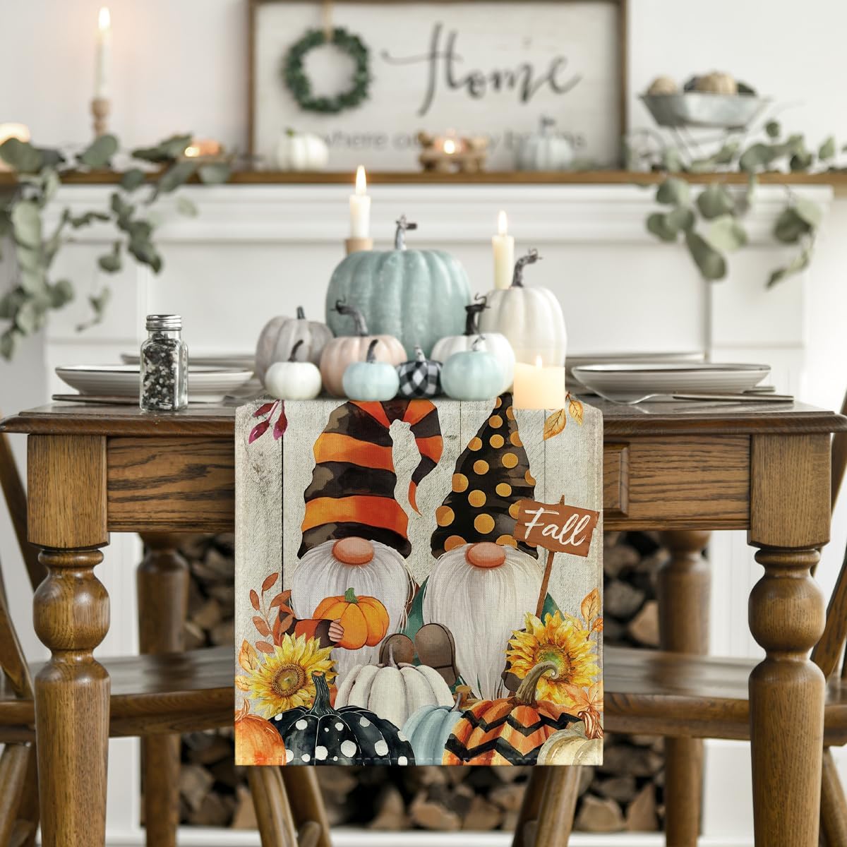 Artoid Mode Wood Gnomes Pumpkins Sunflower Maple Leaves Fall Table Runner, Kitchen Dining Table Decoration for Home Party Decor 13 x 36 Inch