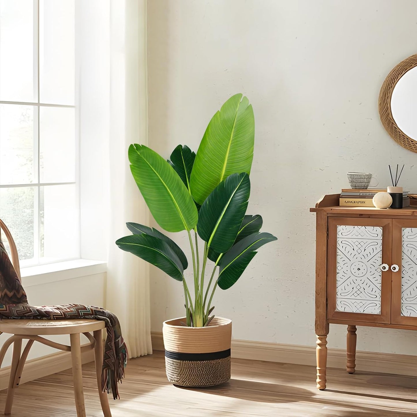 Artificial Bird of Paradise Plant 4Ft Fake Tropical Palm Tree with 8Trunks Faux Banana Leaf Trees in Pot for Home Indoor Outdoor Office Modern Decor Housewarming Gift（1Pcs）