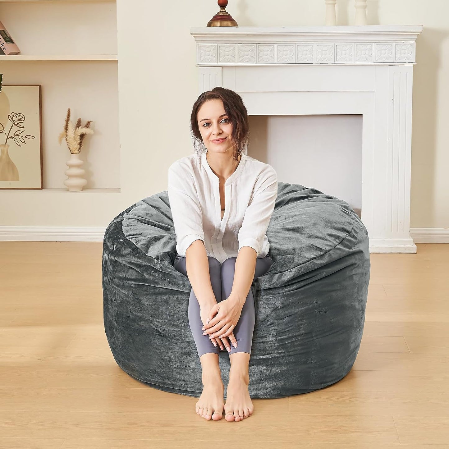 3 Feet Bean Bag Chair - BeanBag Chairs for Adults, Living Room Furniture Sofa with Soft Micro Fiber Cover, Round Fluffy Couch for Bedroom College Dorm - Grey