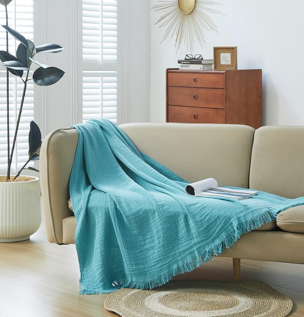 100% Cotton Muslin Throw Blanket for Bed, Couch, Small, Decorative, Soft, Pre-Washed, Breathable and Lightweight Gauze Blanket with Fringes, Suitable for All Seasons, Teal, 50"x60"