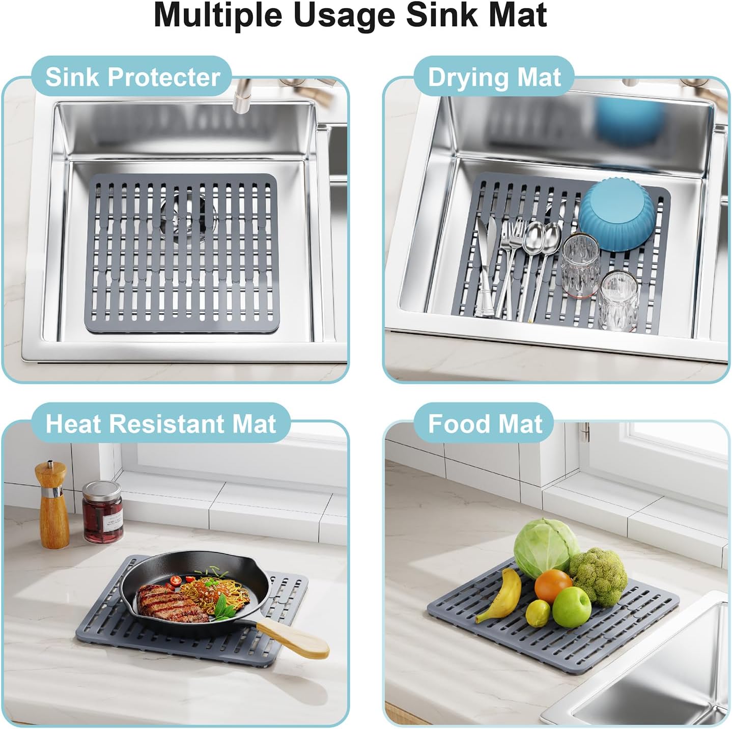 GSlife Expandable Dish Drying Rack - Stainless Steel Capacity Adjustable Over The Sink Rack (10.8''-17.9'') with Sink Mat, Dish Drainer for Kitchen Sink Counter with Utensil Holder, Silver