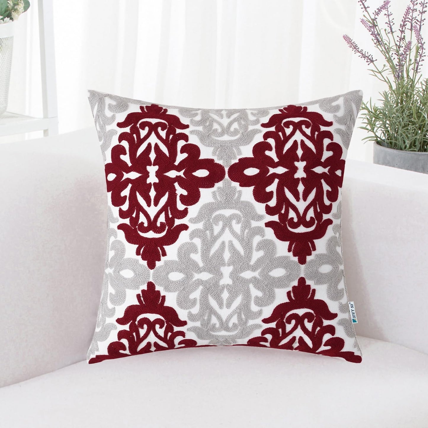 HWY 50 Burgundy Red Decorative Throw Pillow Covers 18x18 Inch (1 Piece), Embroidered Cotton Farmhouse Cushion Cover Pillow Case for Sofa Couch Living Room Bed Bedroon, Floral Geometric
