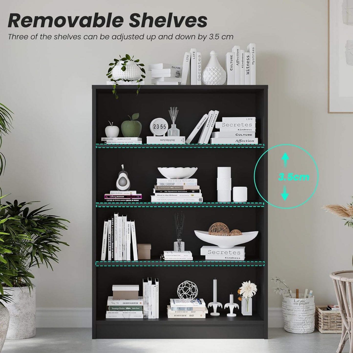 Bookshelf, Open Modern Bookshelf, 4 Shelf Bookcase with Freestanding Display Storage, Wooden Book Shelf for Bedroom, Living Room, Dinning Room, Office, 48 Inch, Gray