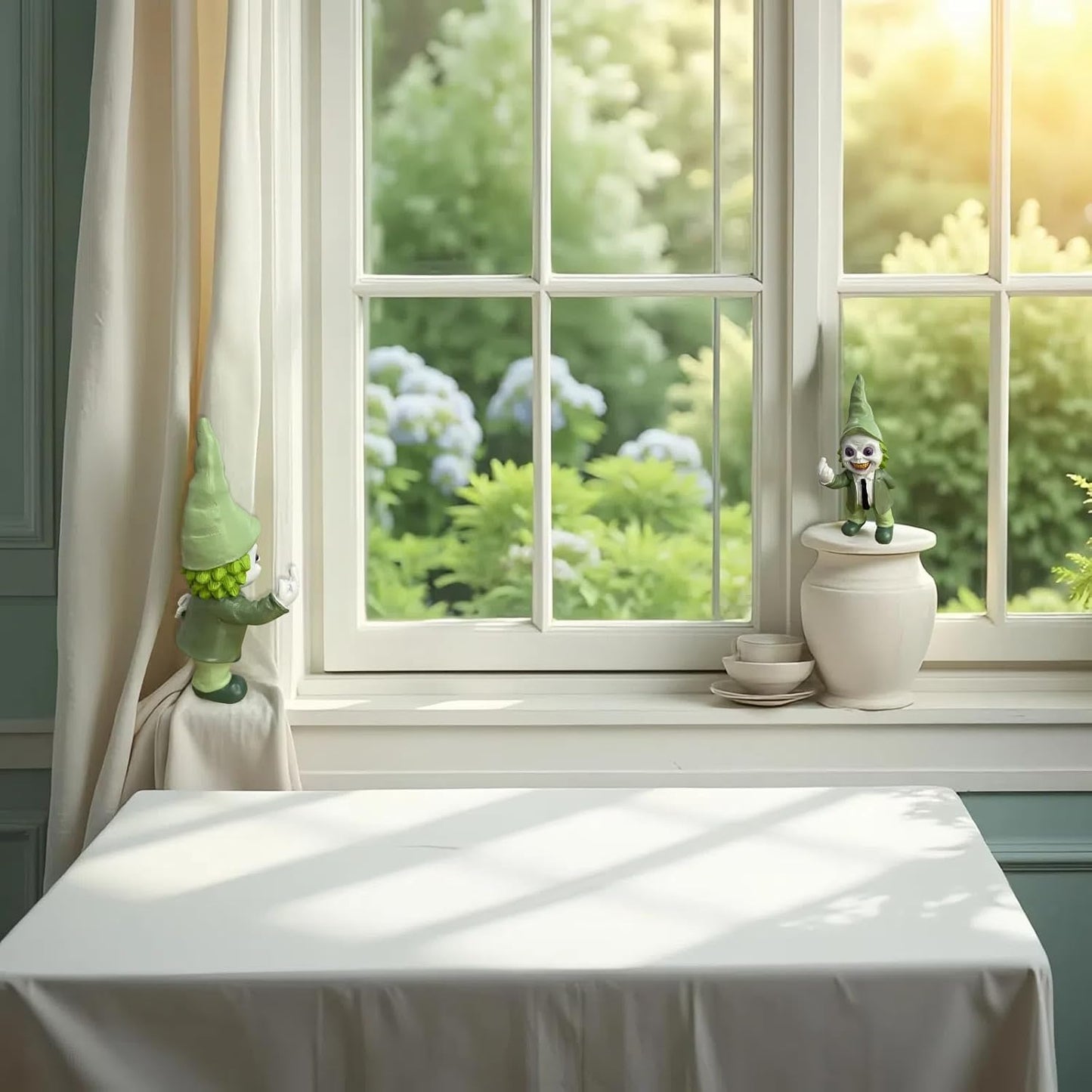 Halloween Decor Funny Garden Gnomes, Middle Fidget Gnome Statue Horror Movie Gnome Creepy Outdoor Decor for Haunted House Lawn Table Decoration (5.5in, Green)