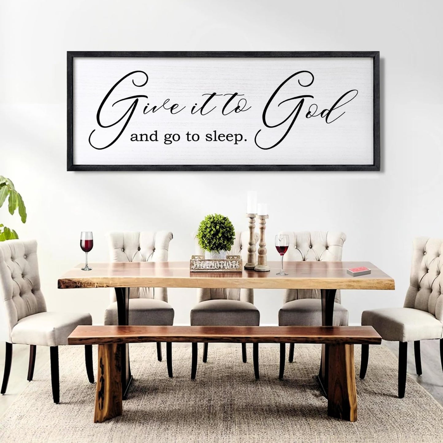 Give It To God And Go To Sleep Sign Wall Decor 40x15 Inch Large Farmhouse Master Bedroom Above Bed Hanging Wall Art Rustic Guest Room Wood Framed Over Bed Wall Decoration (Black)