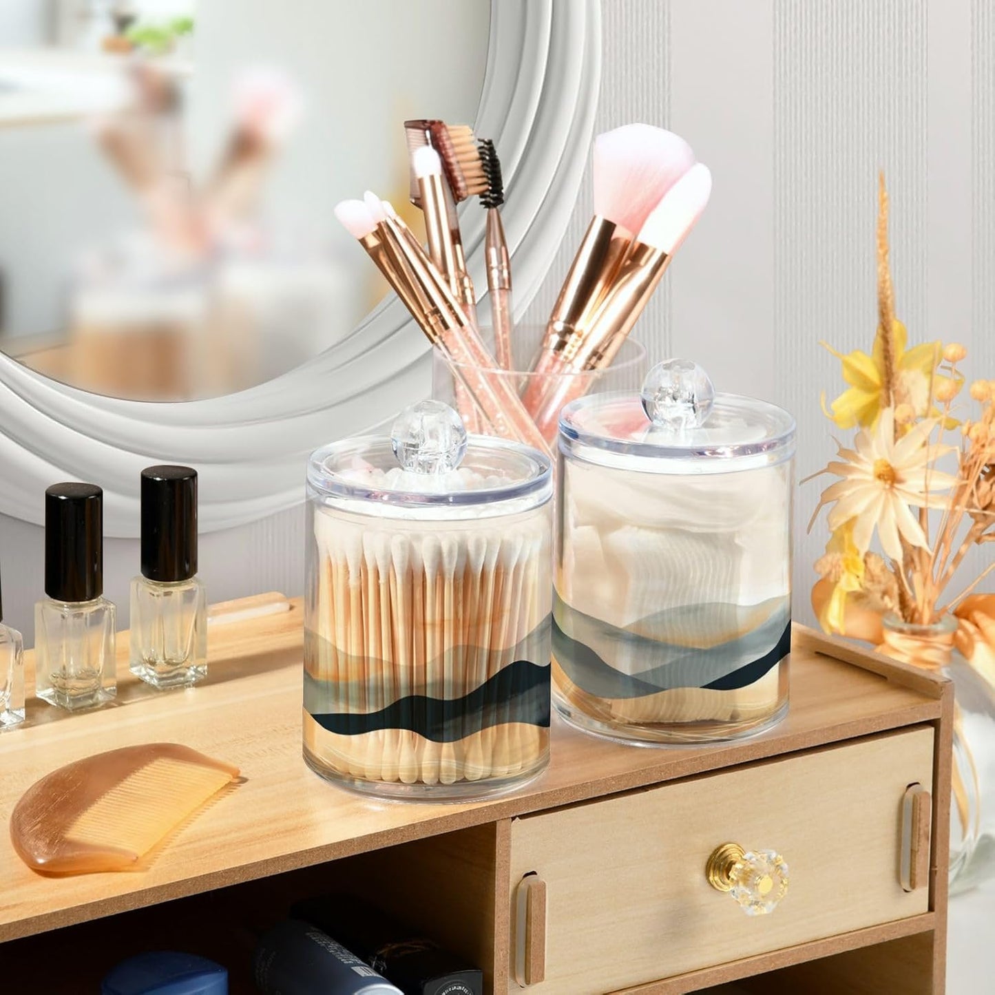 2 Pack Qtip Holder Organizer Dispenser Marble Mountain Bathroom Storage Canister Cotton Ball Holder Container for Cotton Pads/Swabs/Floss