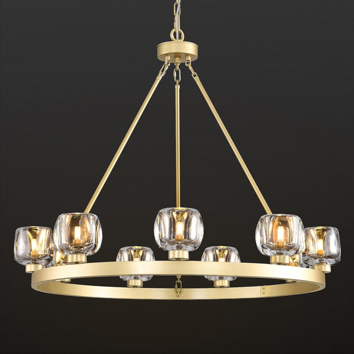 Gold Wagon Wheel Chandelier, 36 Inch Brass Chandeliers with Unique Glass Shade, 9-Light Crystal Farmhouse Wagon Wheel Chandeliers for Dining Room, Round Chandelier for Living Room, Foyer, Entryway