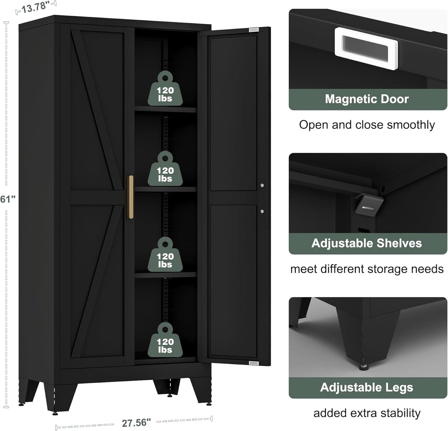 61" Tall Farmhouse Metal Pantry Cabinet, Kitchen Pantry Storage Cabinets with 2 Barn Door and Adjustable Shelves,Metal Pantry Storage Cabinet,for Kitchen,Laundry Room,Home Office,Kids Room (Black)