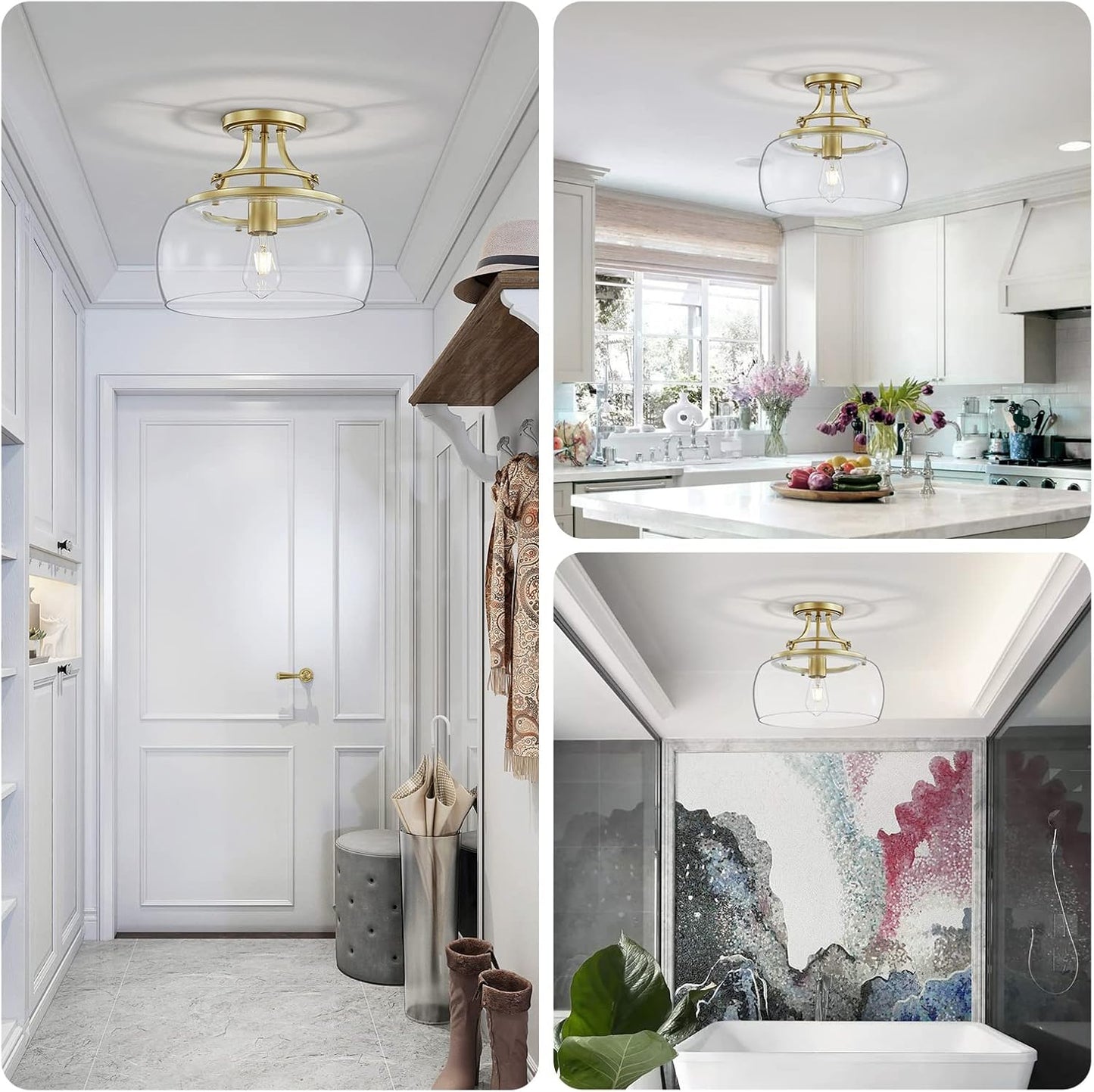 WUZUPS Chandelier Rustic Farmhouse Industrial Round Semi-flushmount Ceiling LED Light Fixture with Clear Glass Shades for Bathroom Kitchen Foyer Entryway, H 11.8" x W 13.4", E26 Base, Gold