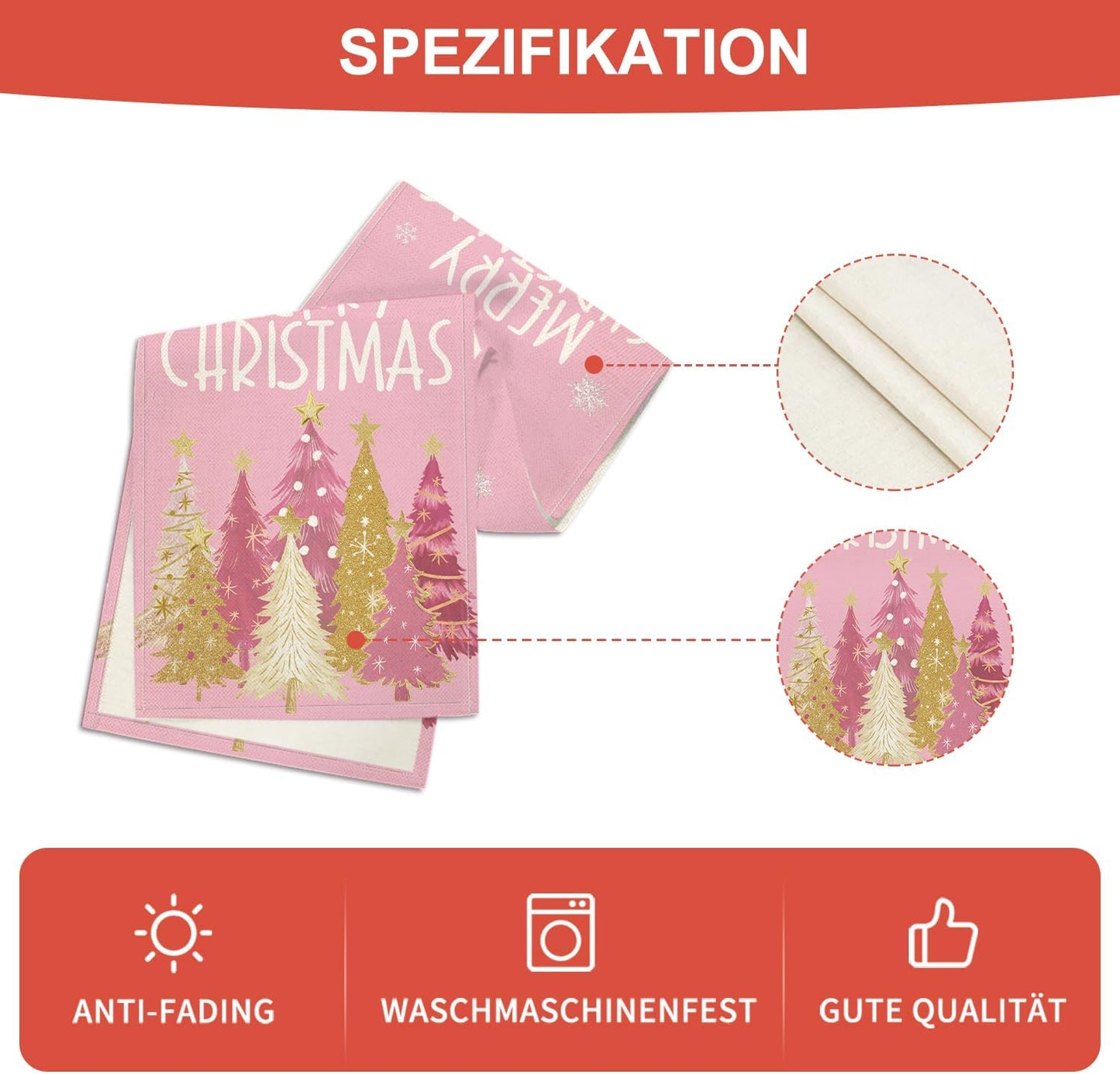 Artoid Mode Xmas Trees Snowflakes Pink Merry Christmas Table Runner, Winter Seasonal Kitchen Dining Table Decoration for Home Party Decor 13x72 Inch