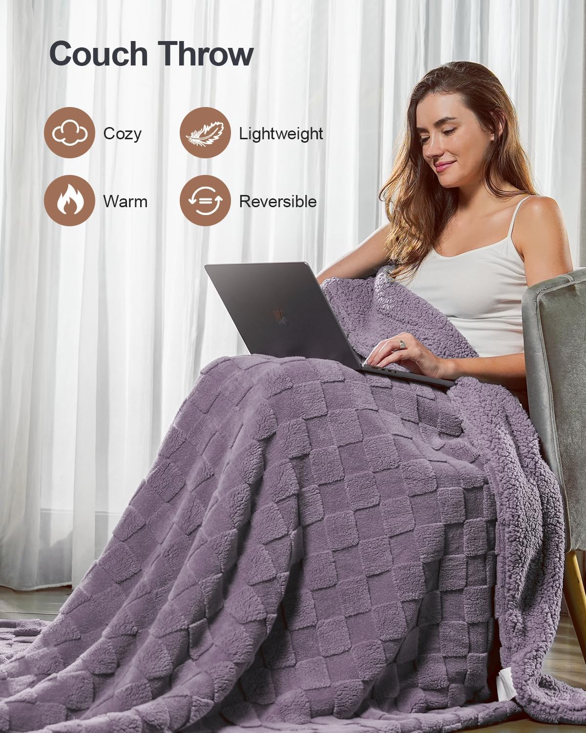Pawque Super Soft Cozy Throw Blanket for Couch Sofa Bed - Fluffy Sherpa Fleece Reversible Thick Warm Fuzzy Blanket for All-Season, 3D Checkered Jacquard Elegant Decorative Blankets, Purple, 50" x 60"