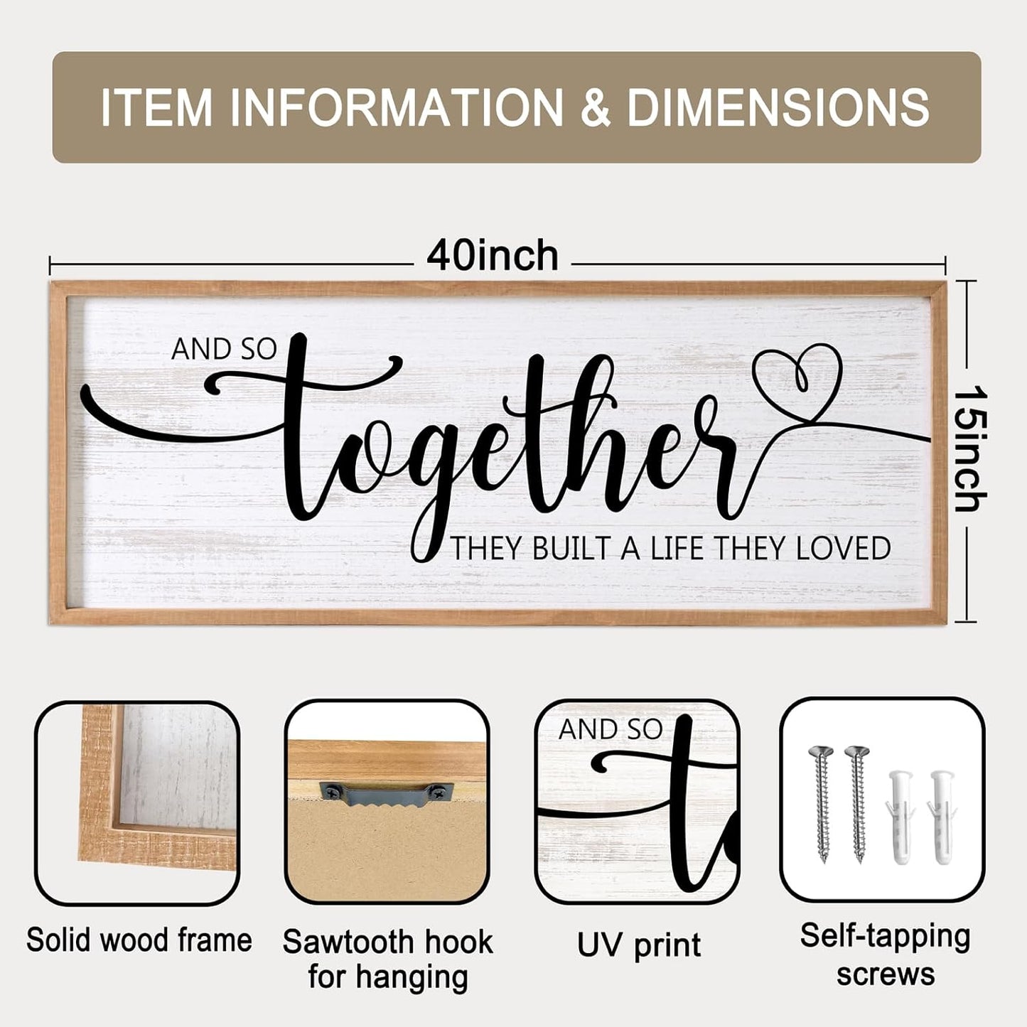 And So Together They Built A Life They Loved Decorative Rustic Sign & Plaque Framed Wall Art for Couples, 40''×15''Wooden Long Wall Decor Above Bed, Vintage Horizontal Farmhouse Wedding Gift