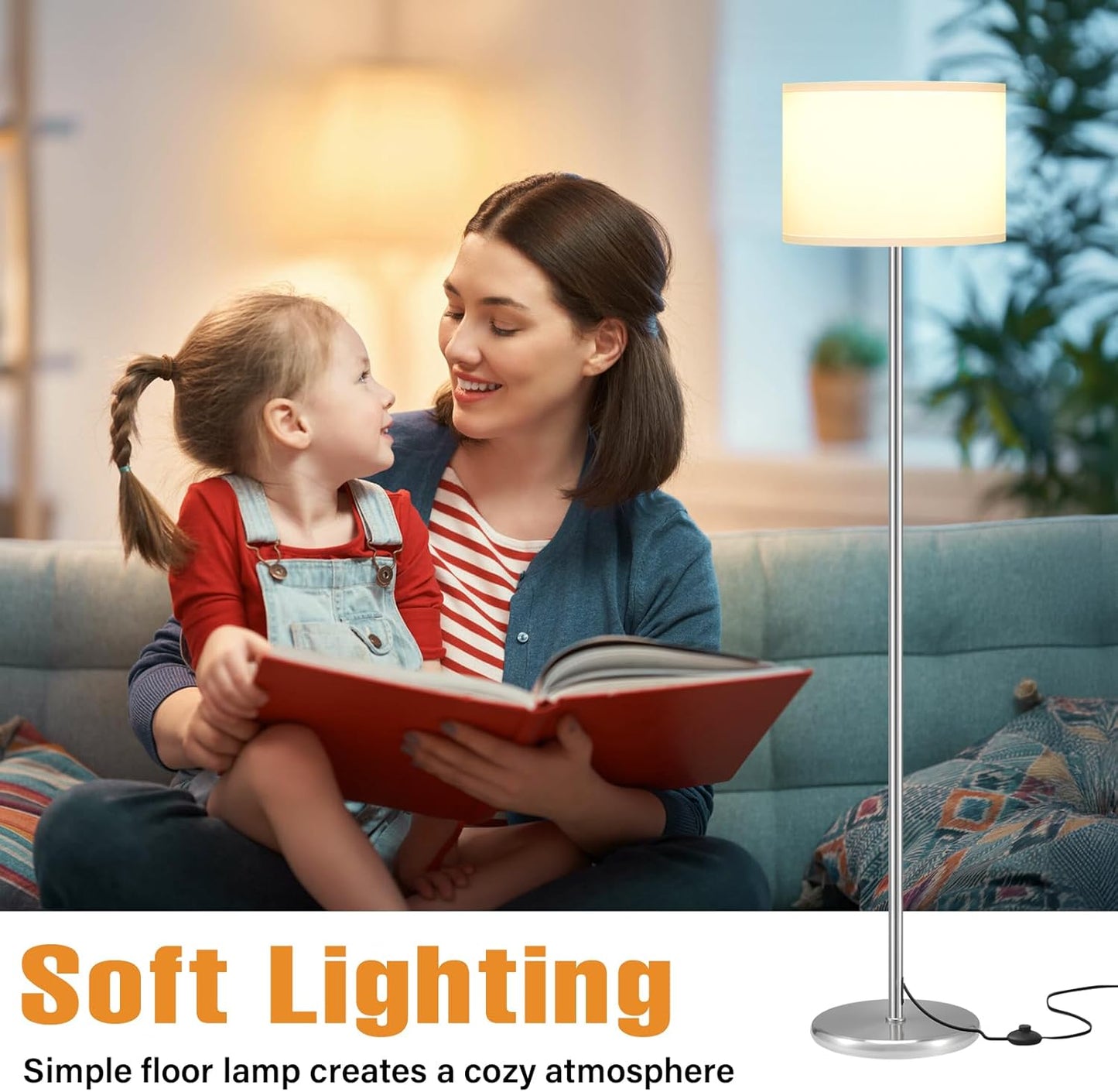 Ambimall 60'' Modern Floor Lamp with Shade, Tall Lamps for Living Room, Bedroom, Office, Dining Room, White Shade with Silver Pole(Without Bulb)