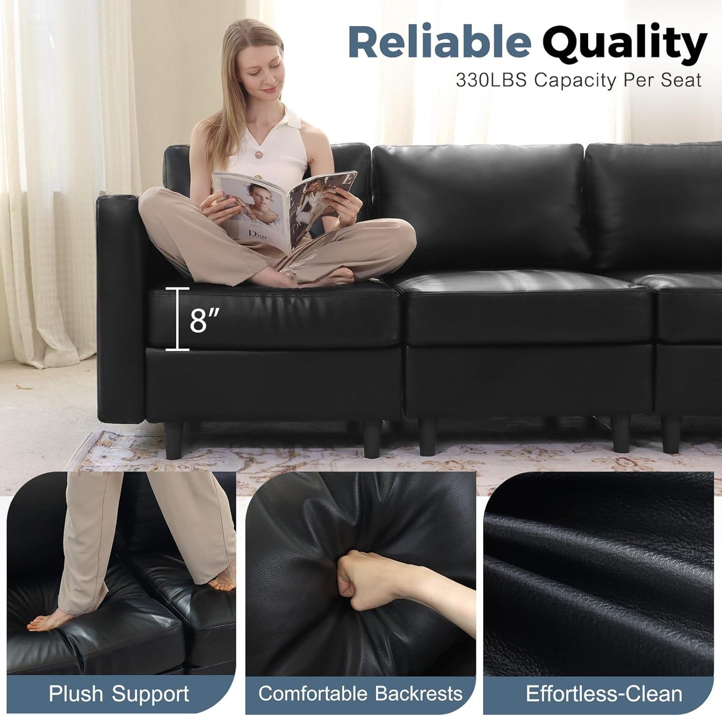 118.5" Faux Leather Modular Sectional Sofa, L Shaped Couch Set for Living Room, 5-Seater Comfy Cloud Couches with Movable Storage Ottoman,DIY Combination - Black