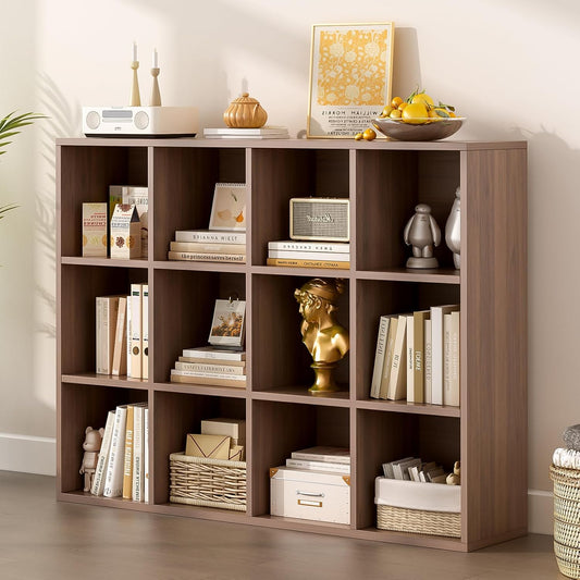 12-Cube Storage Shelf Bookcase - Wooden 3-Tier Floor Standing Open Bookshelf for Home and Office, Cuby Orgainzer, Walnut