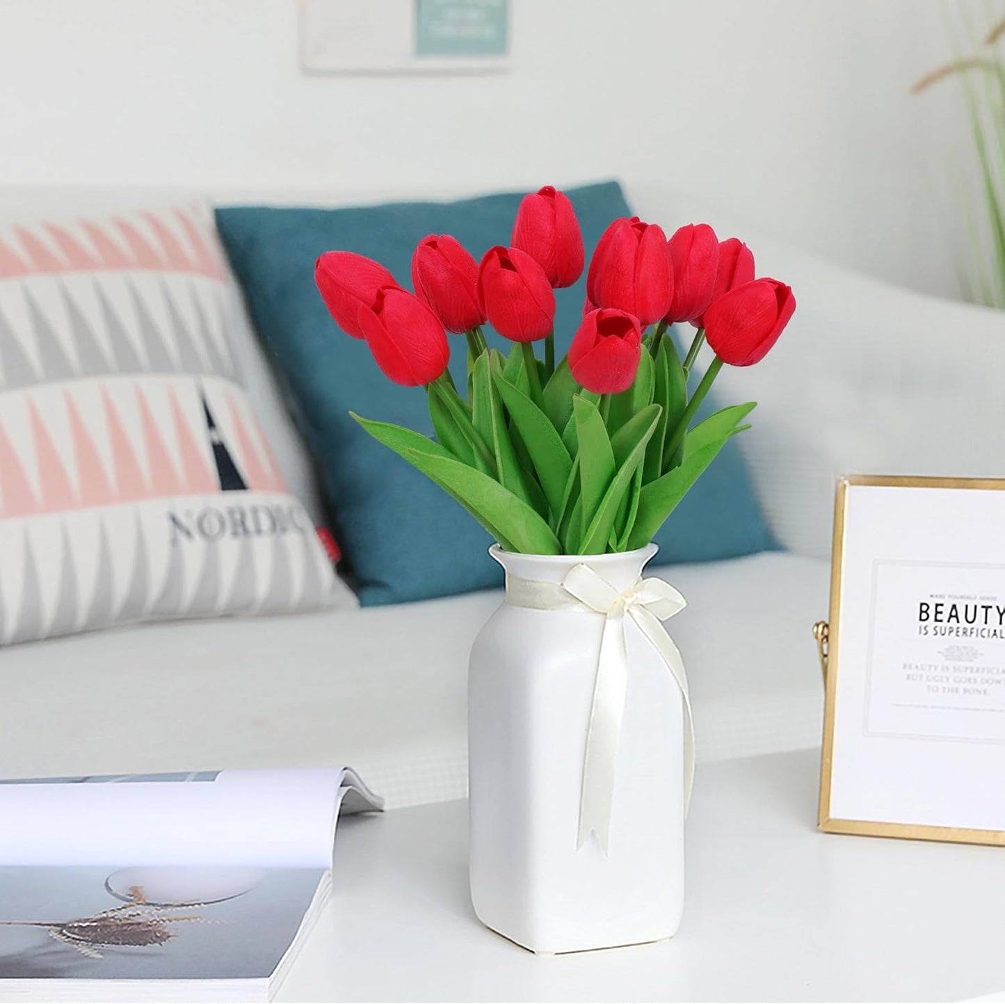 20pcs Red Artificial Tulip Fake Flower 12.9 Inch Spring Mother's Day Easter Gift for Home Kitchen Wedding Decoration