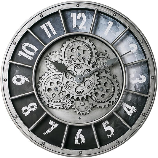 18 Inch Wall Clock with Moving Gears, Oversized Large Industrial Steampunk Decoration, Antique Metal Big Numeral Wall Clocks for Kitchen Study Room Living Room Decor (Matt Metal Silver-Black)