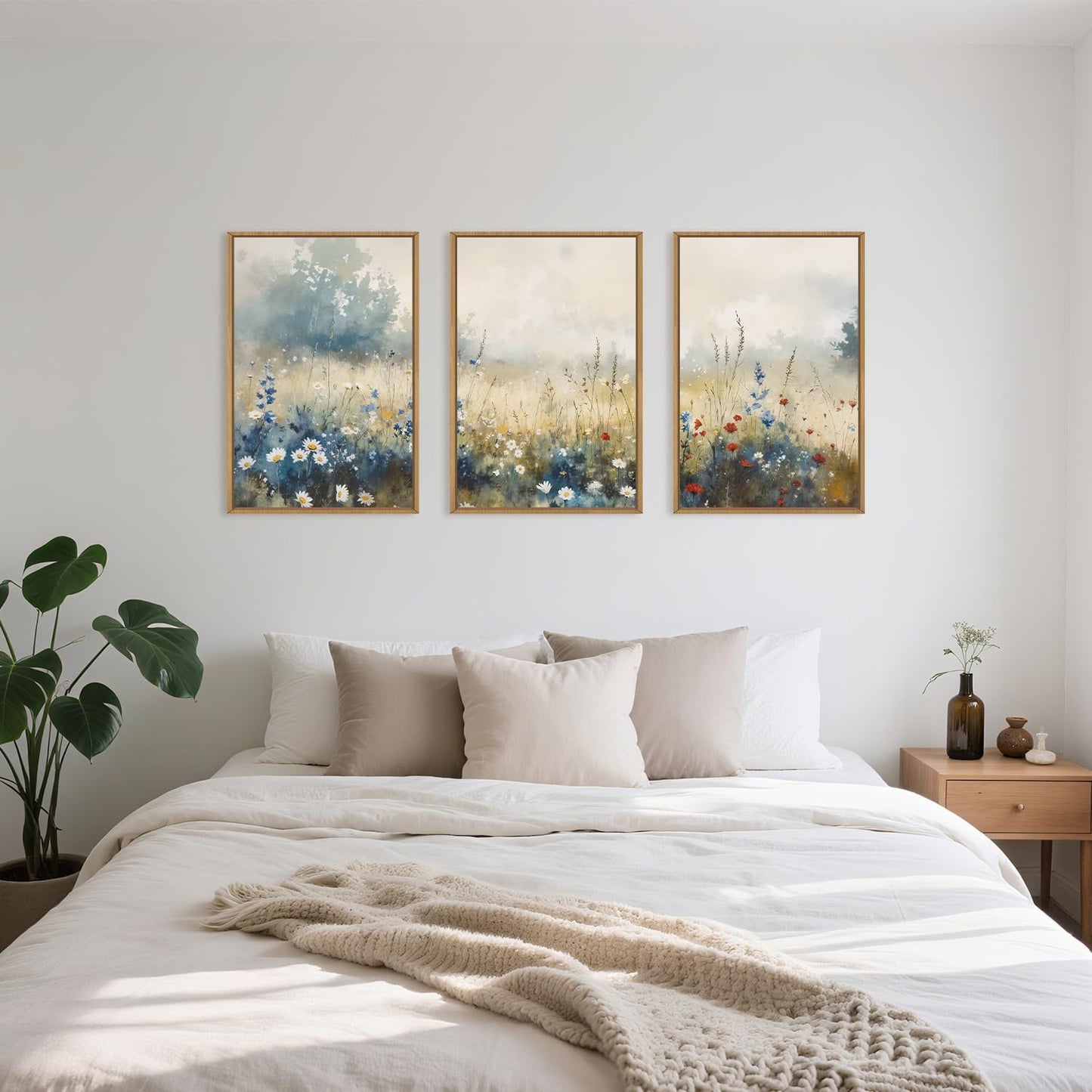 Celestdeco Nature Wildflower Framed Canvas Wall Art Set, Pastoral Landscape Wall Decor, Colorful Meadow Wall Painting, Rustic Floral Art Print for Living Room, Bedroom, Office - 24"X36"X3