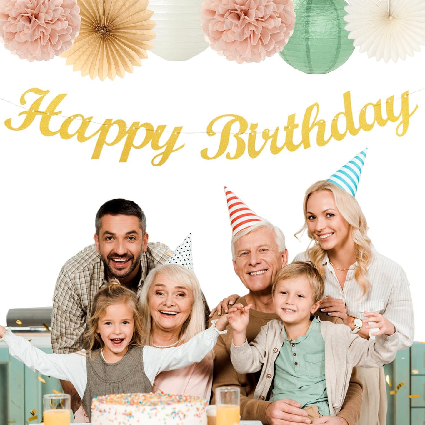 Sage-Green Blush-Pink Birthday Garland Party-Decorations - 14pcs Happy Banner 21st Spring Paper Flowers Lanterns Beige Tissue Pom Poms,Boho Streamers Fans,Neutral Rustic Hanging Supplies Decor Hugfond