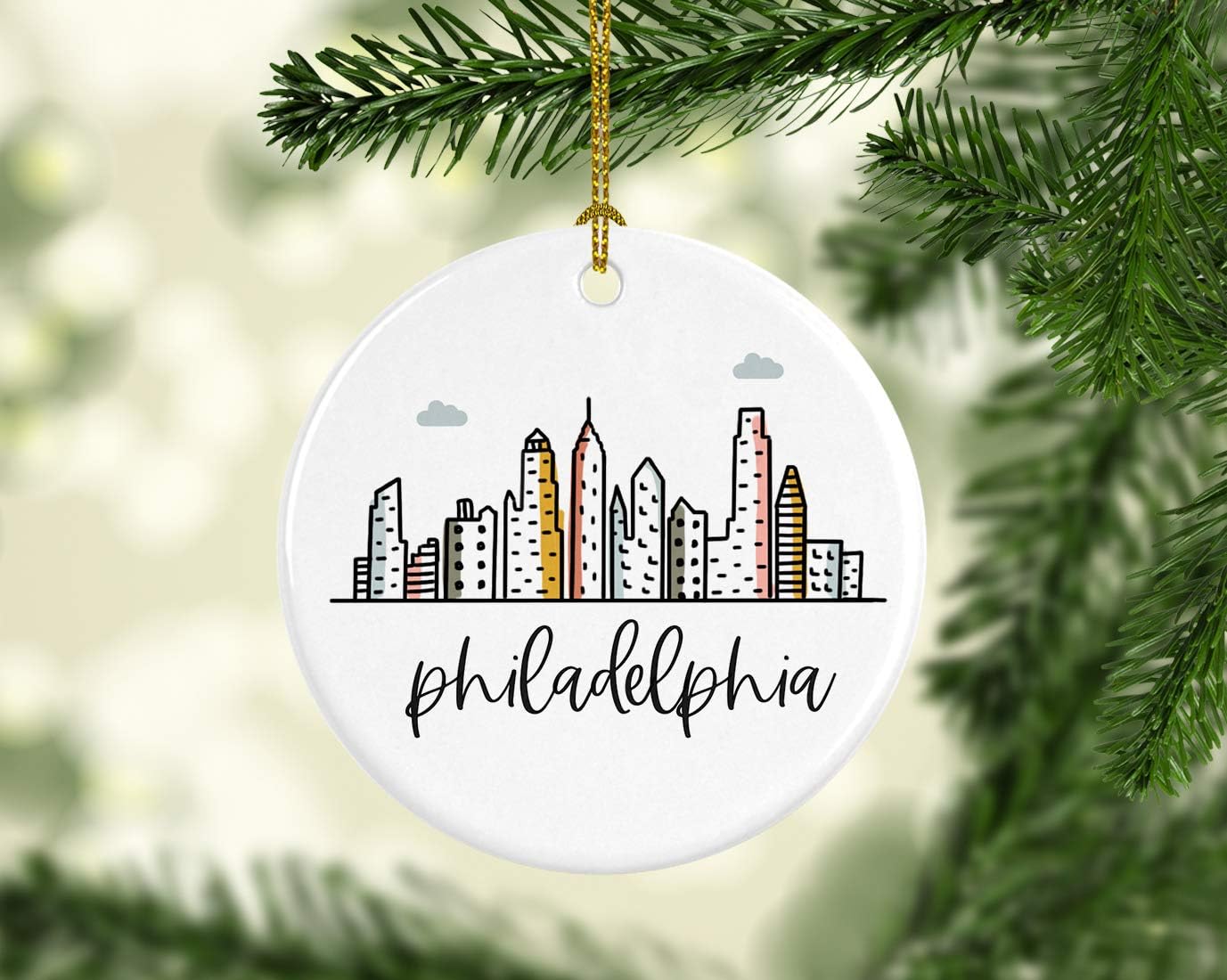 Andaz Press Round Ceramic Porcelain Christmas Tree Ornament Keepsake Gift, Philadelphia, Colorful City Skyline Graphic, 1-Pack, Birthday Ideas Family Coworker Him Her, Includes Gift Box
