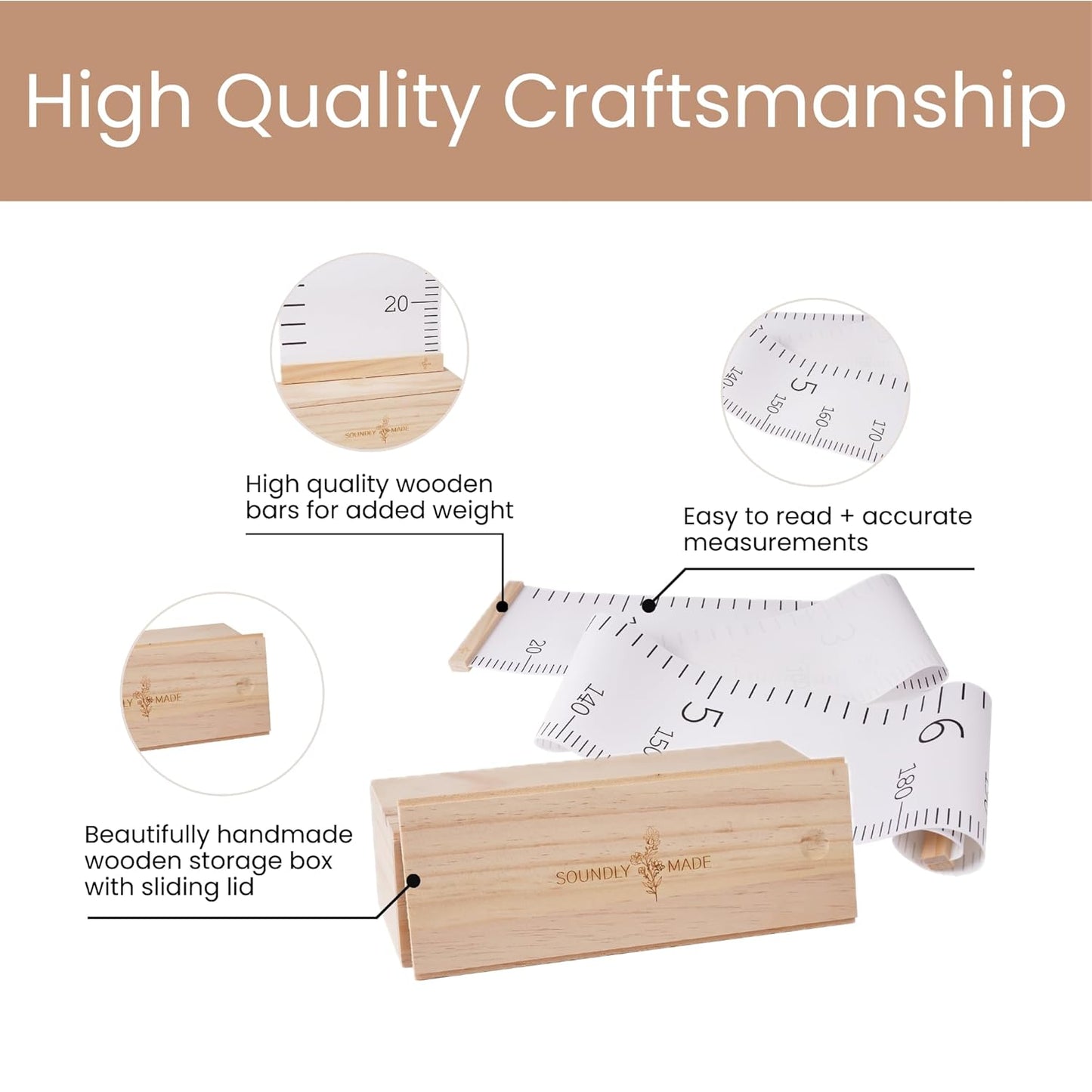 Growth Chart for Wall | Kids Height Chart Canvas Ruler with Wooden Storage Box | Waterproof Measuring Chart | Nursery Decor & Baby Shower Gift